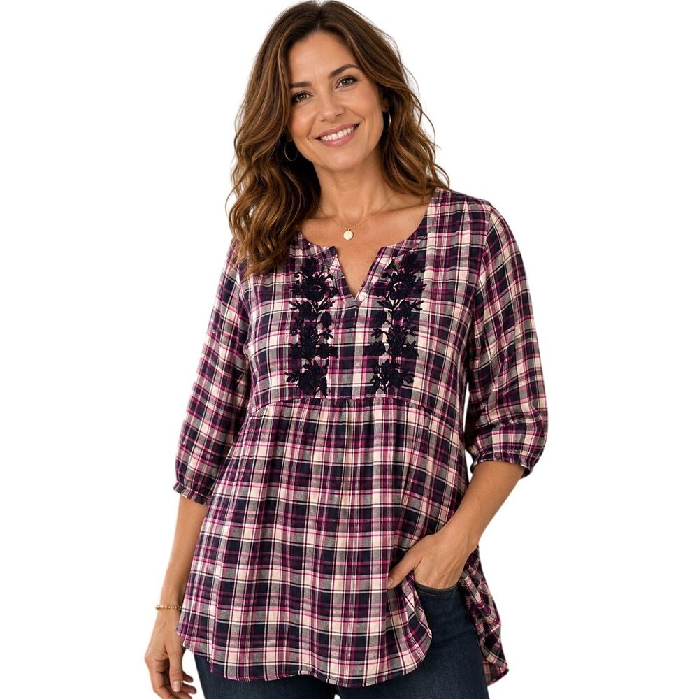 Catherines Embroidered Plaid Top Womens Size 1X Navy Pink Flannel Floral Boho